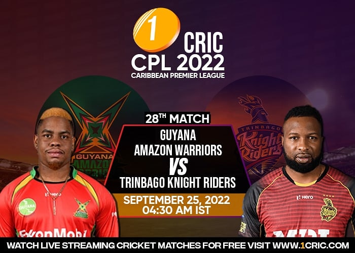 1CRICDailyNews's tweet photo. CARIBBEAN PREMIER LEAGUE 2022 🔥
GUYANA AMAZON WARRIORS 🆚 TRINBAGO KNIGHT RIDERS
2️⃣8️⃣th M A T C H – SEPT. 25, 2022 –4:30 AM IST.
🏏 GAW beat SLK by 6 wickets in their last match. On the other hand, TKR are rooted at the bottom with 3 wins in 9 matches.
#1CRIC #CPL2022 #match28 https://t.co/9A6x3eHb2i