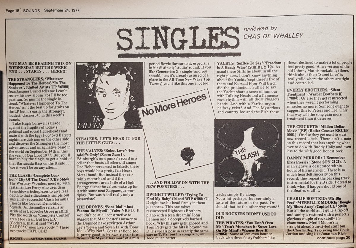 SoundsClips's tweet photo. 24th, September 1977 Singles reviewed by Chas De Whalley including The Stranglers' 'Whatever Happened To The Heroes', The Clash's 'Complete Control', Yachts' 'Suffice To Say' and many more. @StranglersSite @TheClash @HenryPriestman @adbreakanthems https://t.co/8Fr65OekLD