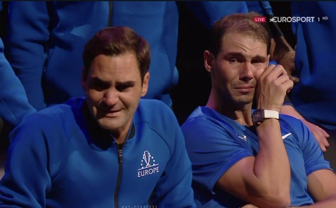 BeautyBrainBone's tweet photo. A picture says a thousand words &amp; this beautiful picture in the history of sports says it all. When your rival cries for you then you know you are really GOAT- Greatest Of All Time #RogerFederer #LaverCup #Nadal #ThankYouRoger https://t.co/laDJsT4ywI