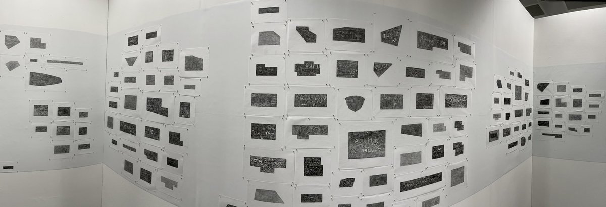BeaHaines's tweet photo. Panoramic view of my solo show Proof of Life at #Impact12 international print conference @cfpr_research @uwebristol 

This extensive series of rubbings document different ailments graffitied onto over-bed tables in a boarding school medical centre by sickly students.

#rubbings https://t.co/VoOUnX6Dhq