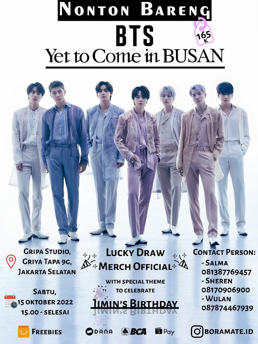 __winterbears's tweet photo. HELP RT/LIKE

❗CALLING ALL JAKARTA ARMY❗

🔰NOBAR YET TO COME BUSAN  &amp; 
JIMIN B'DAY PARTY🔰

Detail:
📍 Gripa Studio, Jakarta Selatan
📆 Sabtu, 15 Oktober 2022
🕛 14.00 WIB - selesai
💰 Rp. 165.000

LIMITED SEAT, GRAB YOUR TICKET NOW!! https://t.co/Ly7MXjUpff