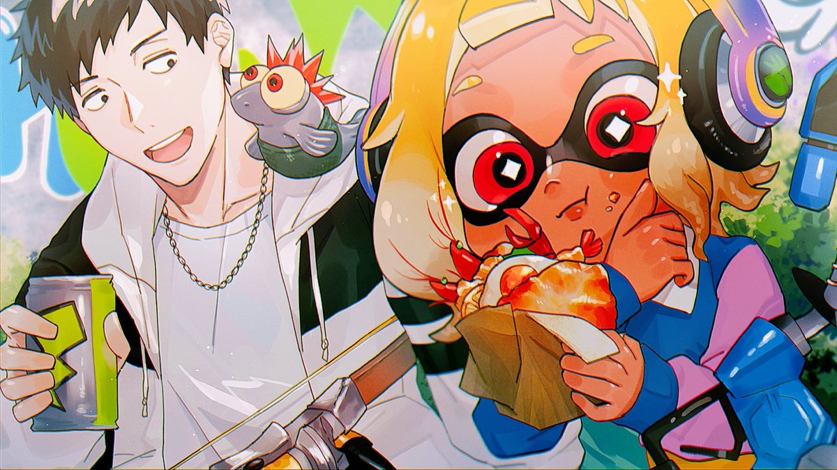 1girl 1boy food red eyes blonde hair crepe eating  illustration images