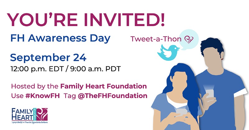 FamilyHeartFdn's tweet photo. Today’s the day! We’re hosting our annual #FHAwarenessDay Tweet-a-Thon to talk about FH. Join us at 12:00 pm ET / 9:00 am PT by following #KnowFH