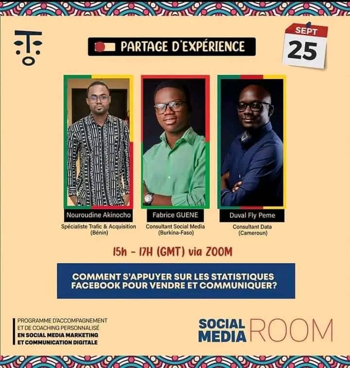 ActuEvent2Fifi's tweet photo. #Atelier📌

💡Thème : Comment s'appuyer sur les statistiques Facebook pour vendre et communiquer ?

🎙️Nouroudine Akinocho - Spécialiste trafic et acquisition (Bénin)
     Fabrice GUENE - Consultant Social media (Burkina Faso)
     Duval Fly Peme - Consultant data (Cameroun)
👇🏾 https://t.co/bieeqswReQ
