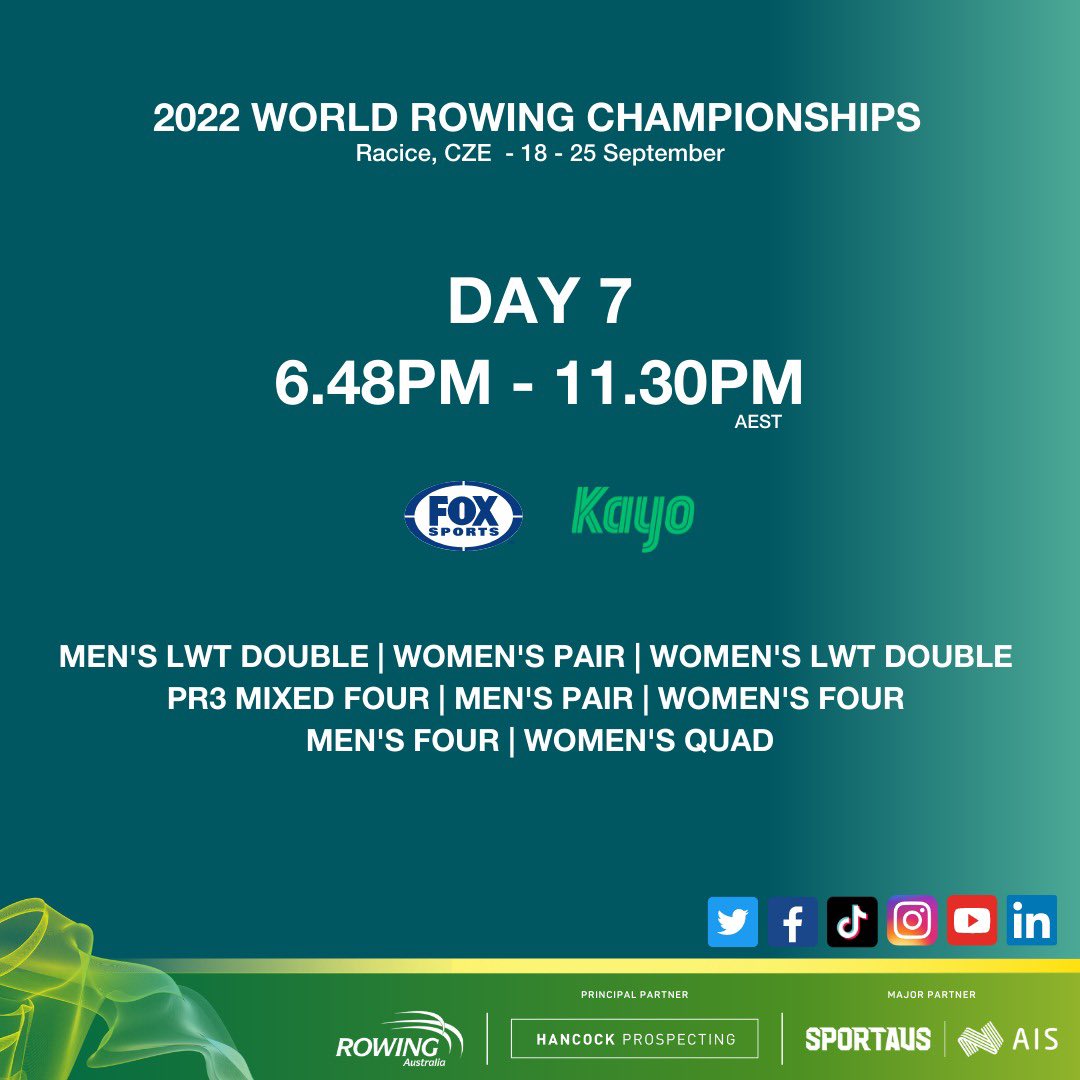 RowingAust's tweet photo. Our #Day7 World Rowing Championships Schedule ๐ฆ๐บ๐จ๐ฟ
#ReadyToRace ๐ฆ๐บ๐ฆ๐บ
#RowForAustralia ๐ฆ๐บ๐ฆ๐บ๐ฆ๐บ๐ฆ๐บ
@AUSOlympicTeam
@BontRowing
@TempurPedic
@_776BC
@Coles https://t.co/jXMlksdEt0