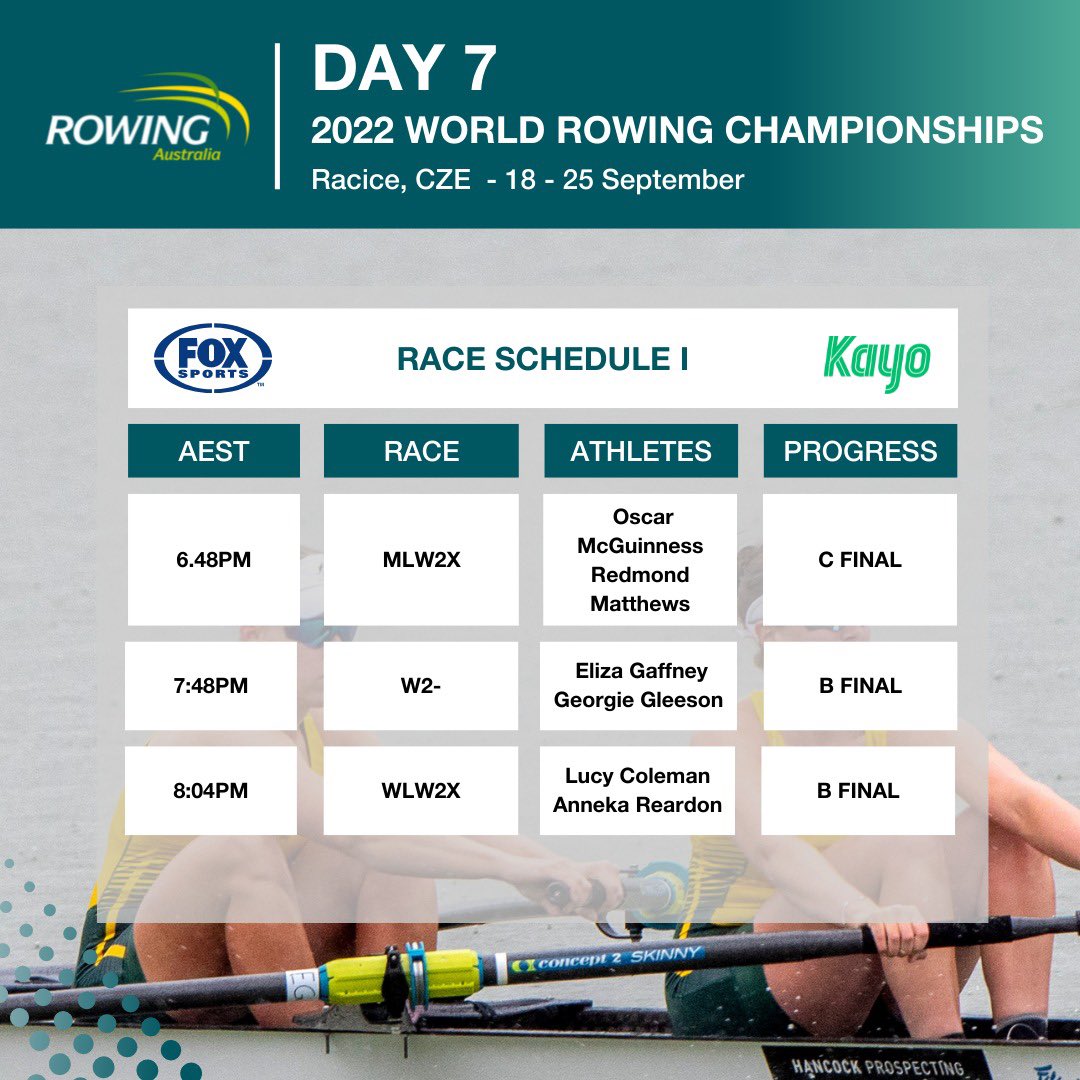 RowingAust's tweet photo. Our #Day7 World Rowing Championships Schedule ๐ฆ๐บ๐จ๐ฟ
#ReadyToRace ๐ฆ๐บ๐ฆ๐บ
#RowForAustralia ๐ฆ๐บ๐ฆ๐บ๐ฆ๐บ๐ฆ๐บ
@AUSOlympicTeam
@BontRowing
@TempurPedic
@_776BC
@Coles https://t.co/jXMlksdEt0