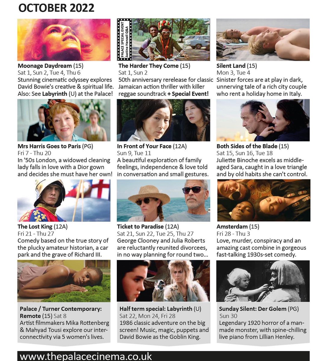 ThePalaceCinema's tweet photo. October at the Palace 😊

🎟 Booking open now at https://t.co/ixFkXtrBo9 

@MoonageMov #Labyrinth #TheHarderTheyCome #Remote @Artangel @TCMargate #SilentLand  @MrsHarrisMovie #HongSangsoo  #ClaireDenis @TheLostKingUK @ticket2paradise @amsterdammovie #DerGolem @Lillian_Henley https://t.co/ZuRaLLZ6M1
