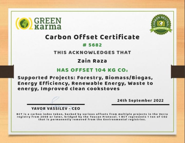 ZeeEncrypt's tweet photo. My latest certificate in Green Karma for reducing 104KG Carbon from Earth 🌎

#GreenKarma
#Fone
#SafeEarth
#RemoveCarbon https://t.co/iHj24musKs