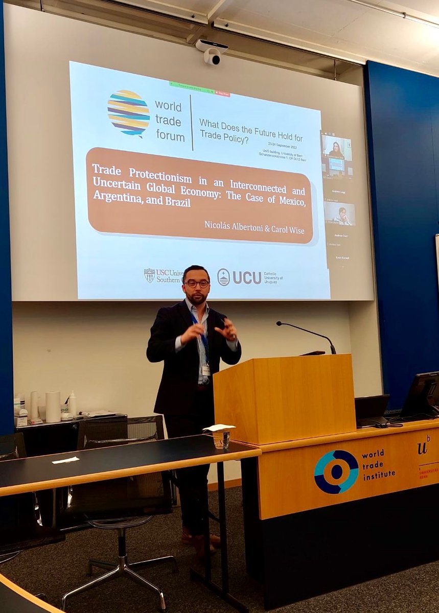 WTIunibe's tweet photo. @N_Albertoni from Uruguay🇺🇾 (@UCUoficial) presenting at the #WorldTradeForum “The Rise of Murky Protectionism: The Cases of Argentina, Brazil, and Mexico” (co-authored with Carol Wise from @USCpoir🇺🇸) Cc @empresasucu @WTIunibe @unibern @EUI_EU https://t.co/Eq9me1OMZP
