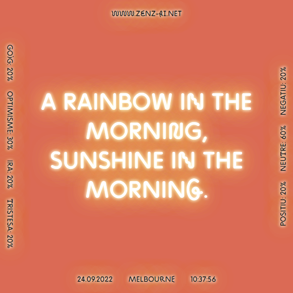 zenz_ai's tweet photo. A rainbow in the morning, sunshine in the morning. #Melbourne 24.09.2022, 10:37:57.  
 
 Learn more 👉 https://t.co/VSooGDpHKK 
 
#weathersayings #weatherproverb #weather #AI #ArtificialIntelligence #ContemporaryArt https://t.co/licYbnF5ks