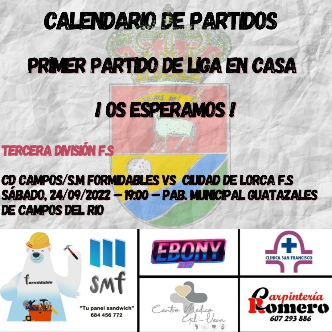 Vuelve el mejor fútbol sala a nuestro pueblo. Segunda jornada de liga de tercera división contra <a href="/LorcaFs/">CIUDAD DE LORCA FS</a> . Os esperamos Camperos. 💪💪⚽️⚽️👏👏 <a href="/muleo1/">muleño</a> <a href="/josebae47170450/">FUTSALMUR</a> <a href="/IvnPrezCalixto1/">Iván Pérez Calixto</a> <a href="/Claudiki14/">CLAU🌸</a> <a href="/jordan_333/">JORDAN.</a> <a href="/Alexpuru01/">Alejandro Valverde</a> <a href="/JuanjoMunuera/">Juanjo Munuera</a> <a href="/Ayto_Campos/">Ayuntamiento Campos Del Río</a>