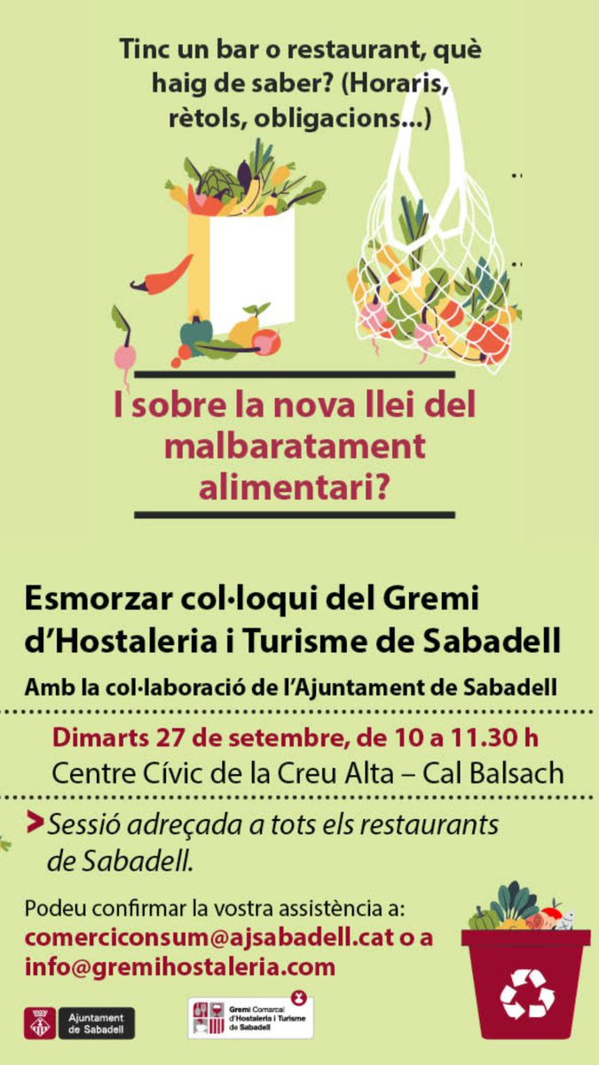 Tots els bars i restaurants estan obligats a aplicar mesures contra el malbaratament. Sabeu quines? Veniu dimarts i us les expliquem! Confirmeu a info@gremihostaleriasabadell.com