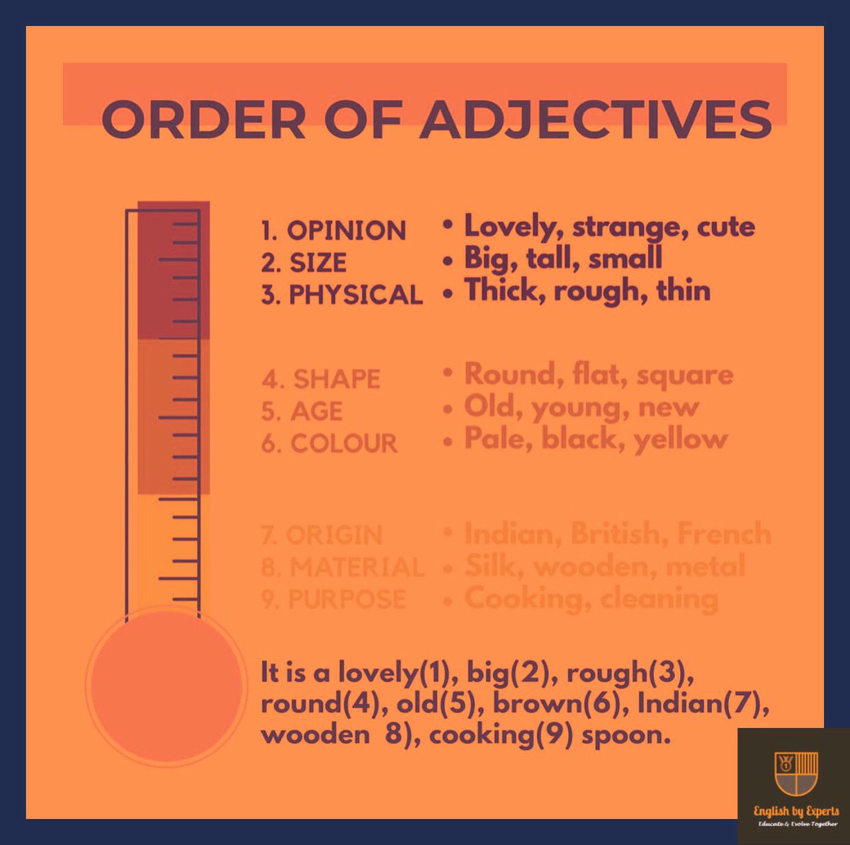 Englishbyexper1's tweet photo. Learn the right order to use multiple adjectives in a sentence.
 #englishbyexpert #learnenglish #growvocabulary #englishlearning #improveyourenglish #englishlanguage #important #expertadvice #englishonline #learningthroughplay https://t.co/sH2g0pHRRI