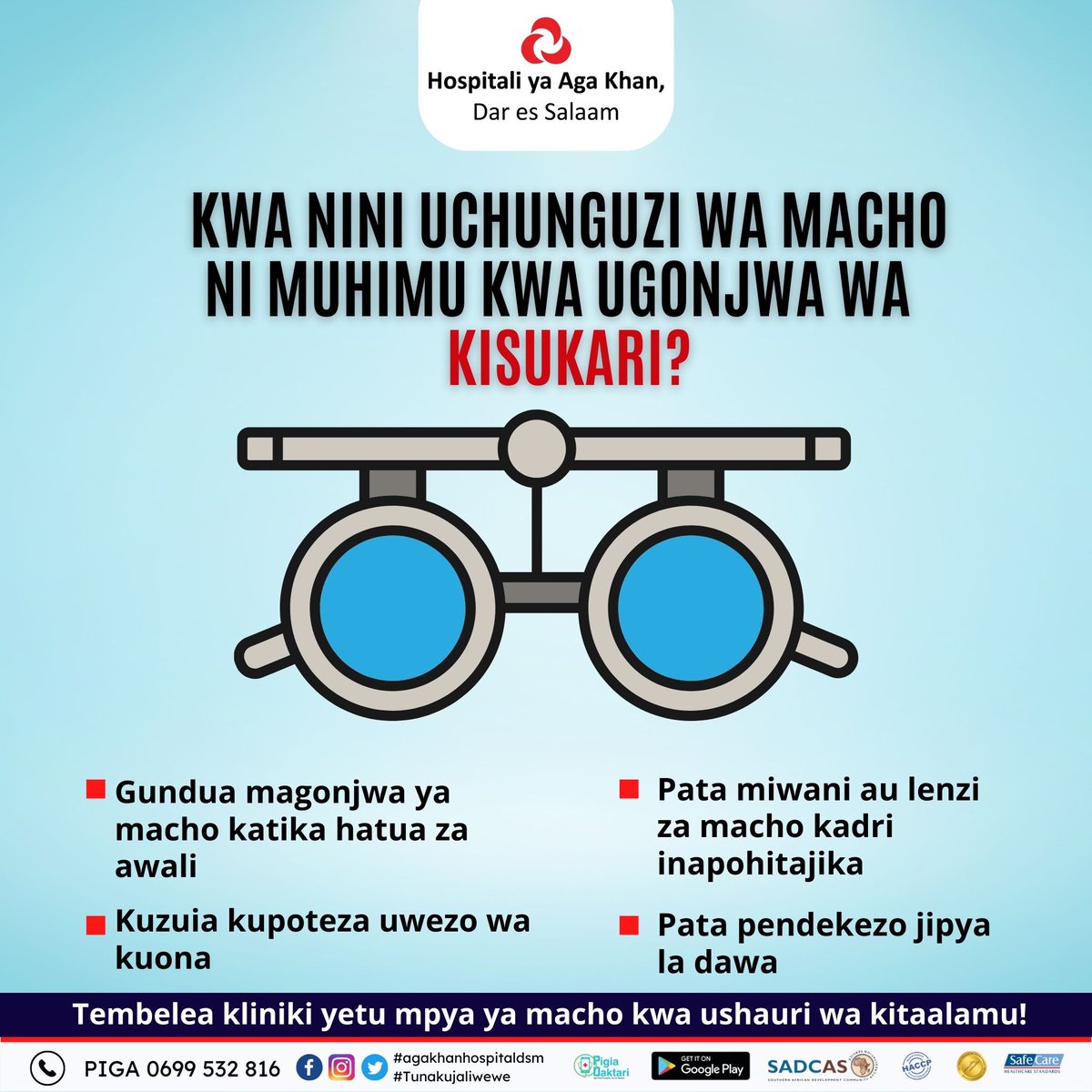 akhstanzania's tweet photo. It is very important to get regular eye check ups if you are diabetic. Visit our new Eye clinic for comprehensive checkup with our specialists. Book now via 0699 532 816.
#agakhanhospitaldsm #eyesight #diabetes #eyepressure #shortandlongsightness #pediatriceyeexams #routinecheck https://t.co/IgCBK9KSJg