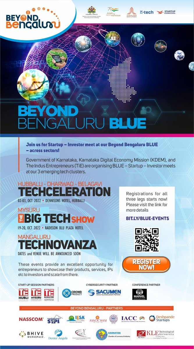 drashwathcn's tweet photo. It's time for Pre-#BTS2022 events!

Govt. of Karnataka, @karnatakadem &amp; @TiEBangalore are jointly organising Beyond Bengaluru BLUE Events in Hubballi-Dharwad-Belagavi, Mangaluru &amp; Mysuru clusters under the aegis of #BengaluruTechSummit events.

Register: https://t.co/VuQ4nVO0NQ https://t.co/icxa7CBTck