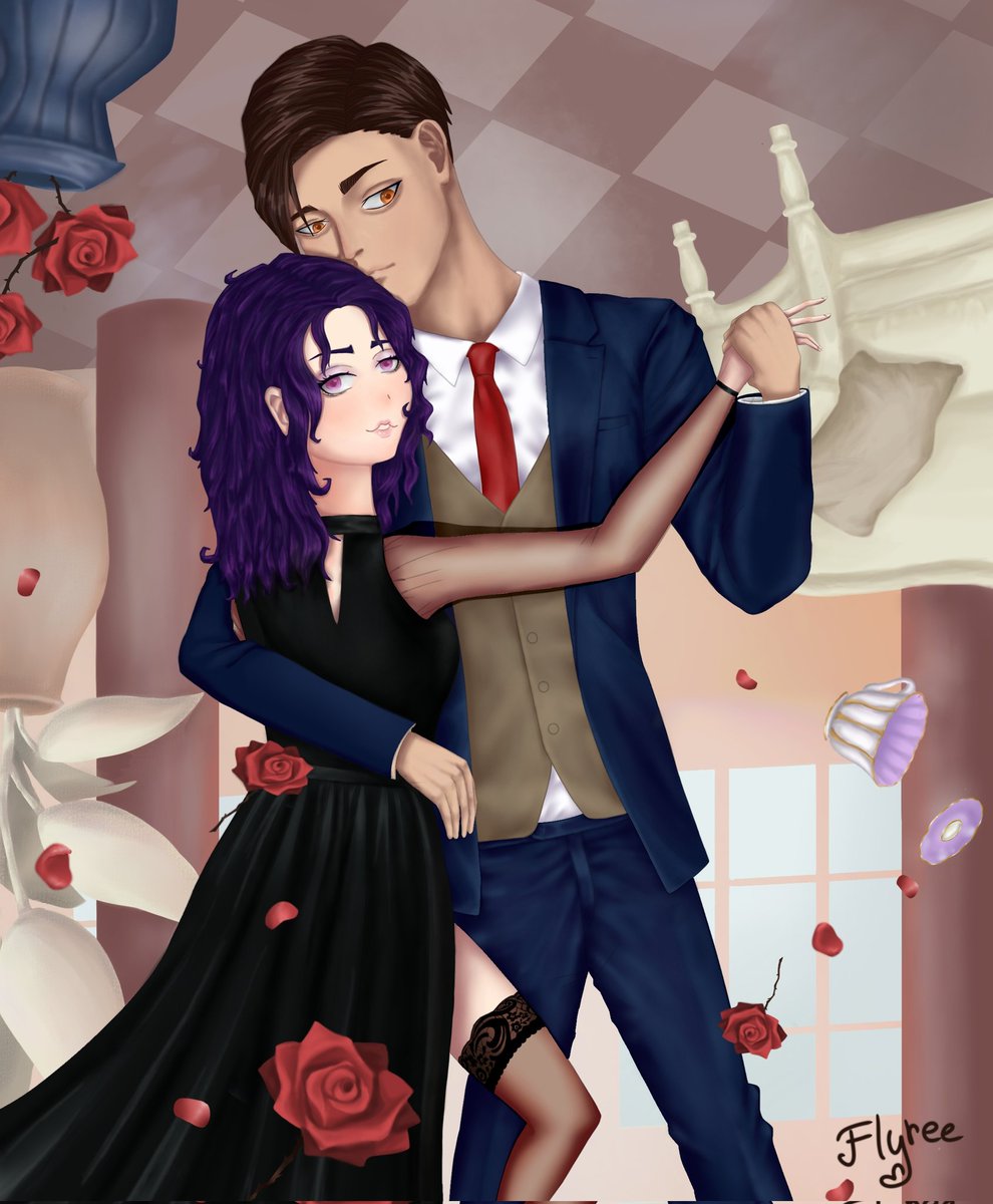 Flyree8's tweet photo. "🌹Love is not subject to science🌹" A couple of characters, one of them is Ellios, my character. The woman next to me is Sharon, the author of Varami, my dear friend 
#Art #digitalart #ocart https://t.co/St10K47lBX