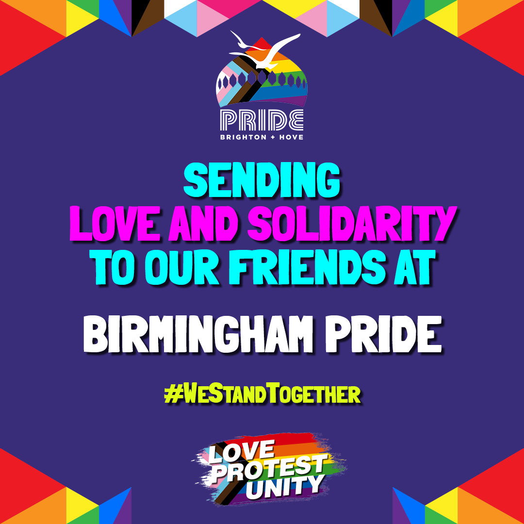PrideBrighton's tweet photo. Sending love and solidarity to our friends at @BirminghamPride this weekend 🌈
#Pride
#WeStandTogether
#LoveProtestUnity https://t.co/WhrdGwVrzl