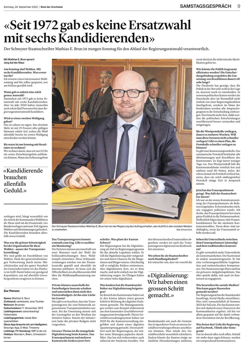 Heutiges Samstagsgespräch im <a href="/bote_online/">Bote der Urschweiz</a> über aktuelle Themen aus dem #KantonSchwyz #Regierungsratswahl #Digitalisierung #Frauenparlament #SocialMedia