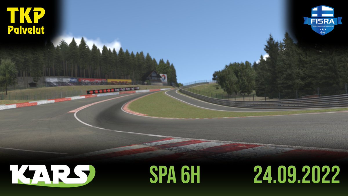 Tänään se starttaa, KARS TKP-Palvelut Endurance Series!

Tule katsomaan suoraa lähetystä Spa 6h osakilpailusta ⏰ 15.00 alkaen twitch.tv/simracingfi

Startti luvassa noin kello 15.50. Kuka ottaa ensimmäisen kiinnityksen mestaruuteen? 
#simracingfi #esportsfi #iracing #endurance