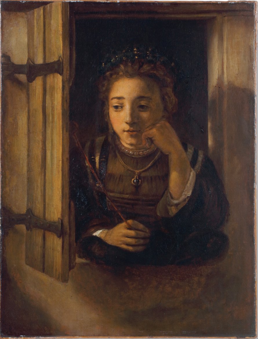 voetnoot's tweet photo. Een meisje in een raam, vroeger toegeschreven aan #Rembrandt (o.a. door #Bredius), later aan Hoogstraten, nu als 'omgeving van Rembrandt' te koop. https://t.co/GybaIa6uc5 https://t.co/Lmap8E2ZJt