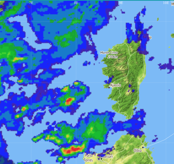 KitempuMeteo's tweet photo. ⚠️  Pluies soutenues et #orages en approche ce matin sur #GrandValinco, #GrandAjaccio, #CoteOuest. Cette vague orageuse traverse la #Corse d'Ouest en Est.
🌧️ Cumuls de pluies important au vent du relief.
  Impacts orageux et précipitations en illustration à 10h30 Loc. https://t.co/5OG9LBa97h