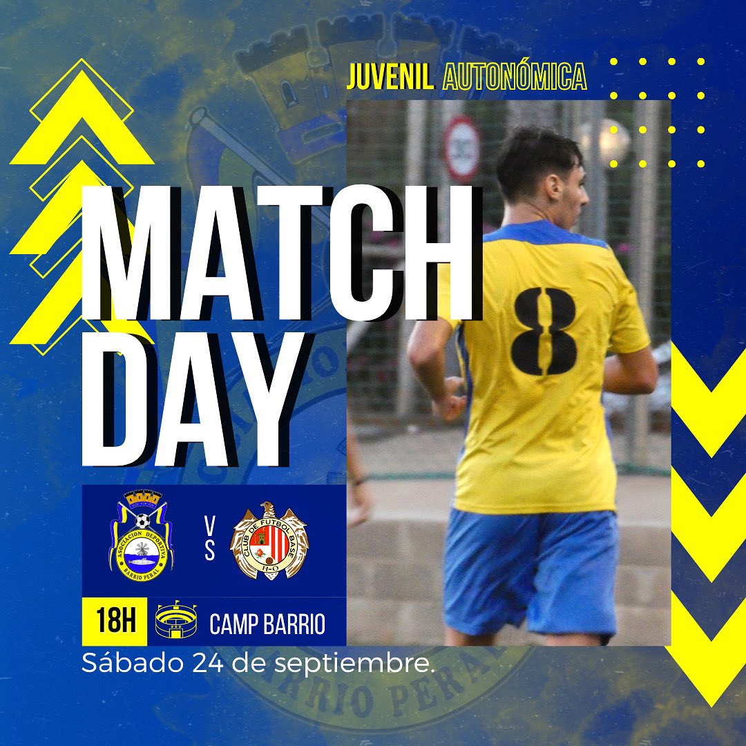 ADBarrioPeral's tweet photo. ⚽️ MATCHDAY 🚨‼️
👉🏼 HOY DEBUTA en CASA nuestro #JuvenilAutonómica 🔥.
🙌🏼 Un partido histórico para nuestro club, es el debut en casa en la categoría 👏🏼.
📅: Sábado 24 de Septiembre.
🕒: 18:00H.
🏟️: Campo fútbol Barrio Peral.
#ForzaBarrio 💛💙
#QueremosContarContigo 🤜🏼🤛🏼 https://t.co/ulnPmihDFd