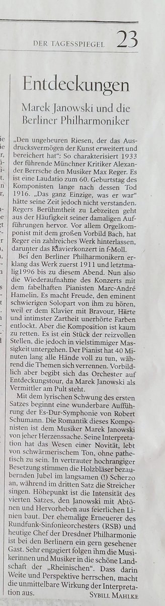 'Entdeckungen': der heutige Tagesspiegel über #MarekJanowski, die @BerlinPhil und @MarcAndreHam mit Reger und Schumann