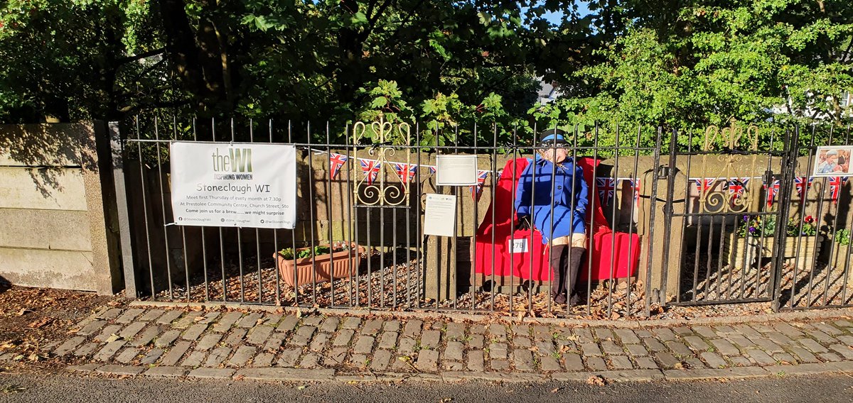 WiStoneclough's tweet photo. Our entry in this year's Scarecrow Festival is a tribute to her Majesty. With photographs of her time with the WI as well as tribute from National Federation #Kearsley #Stoneclough #Scarecrow #LANCASHIRE https://t.co/flOQvB69UG
