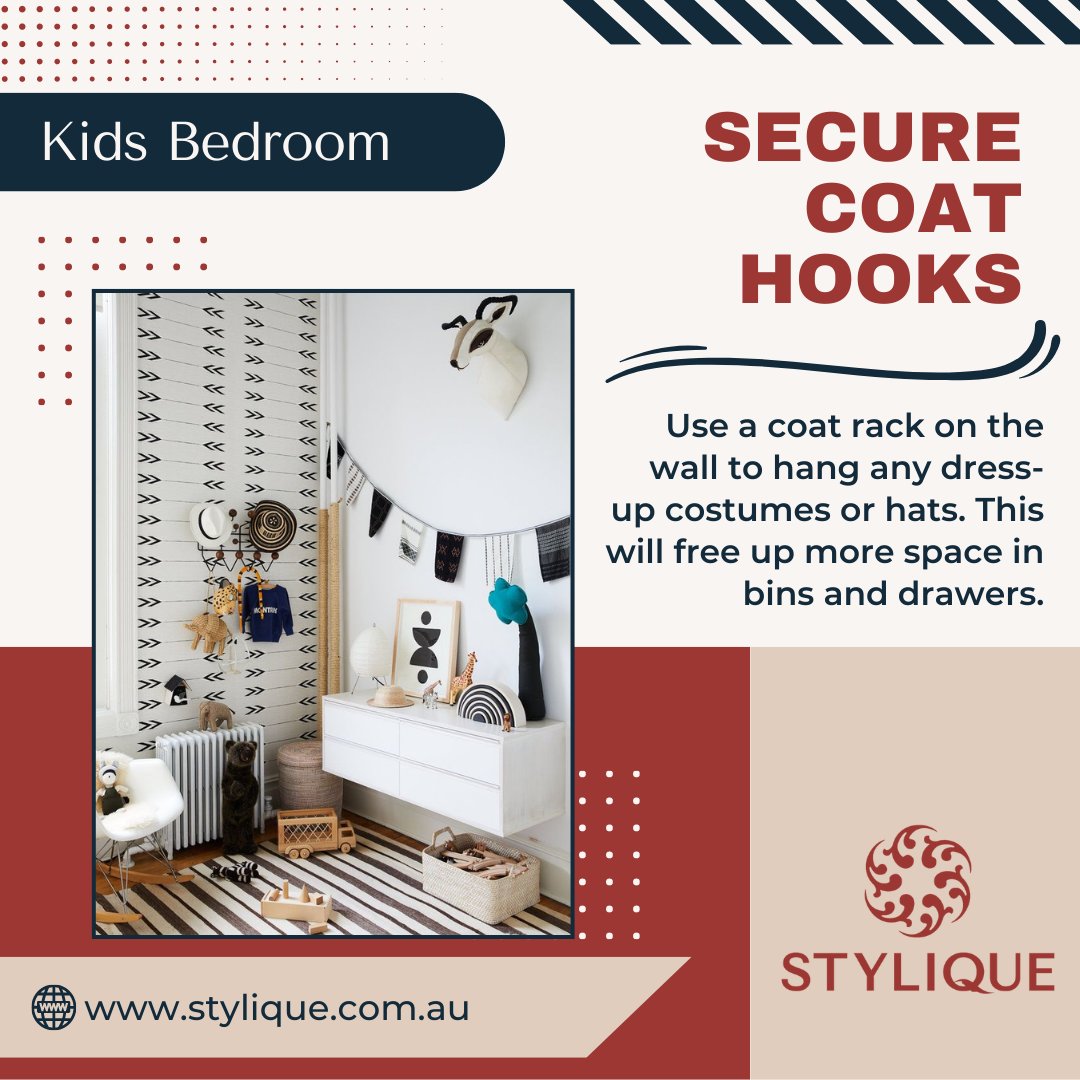 Use a coat rack on the wall to hang any dress-up costumes or hats. This will free up more space in bins and drawers.🤩

#kidsbedroomideas #kidsdesign #kidsroominspiration