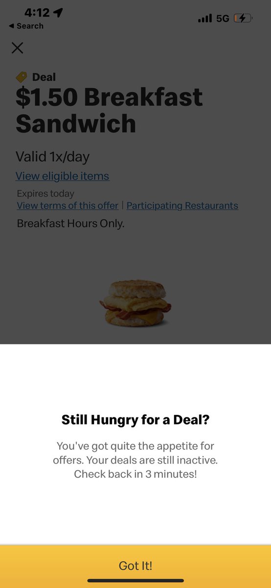 lag1976's tweet photo. So I ordered @Whataburger where I never ever have problems when it comes to my meals. @McDonalds does, I ordered off lunch meñu on app before 4 am. Before breakfast. Did they make it!? NO. Why? Bc it’s 4:04. Can I use another deal/points? NO. SO NO DEALS AT ALL. #neveredingissue https://t.co/g4FeLPkhnd