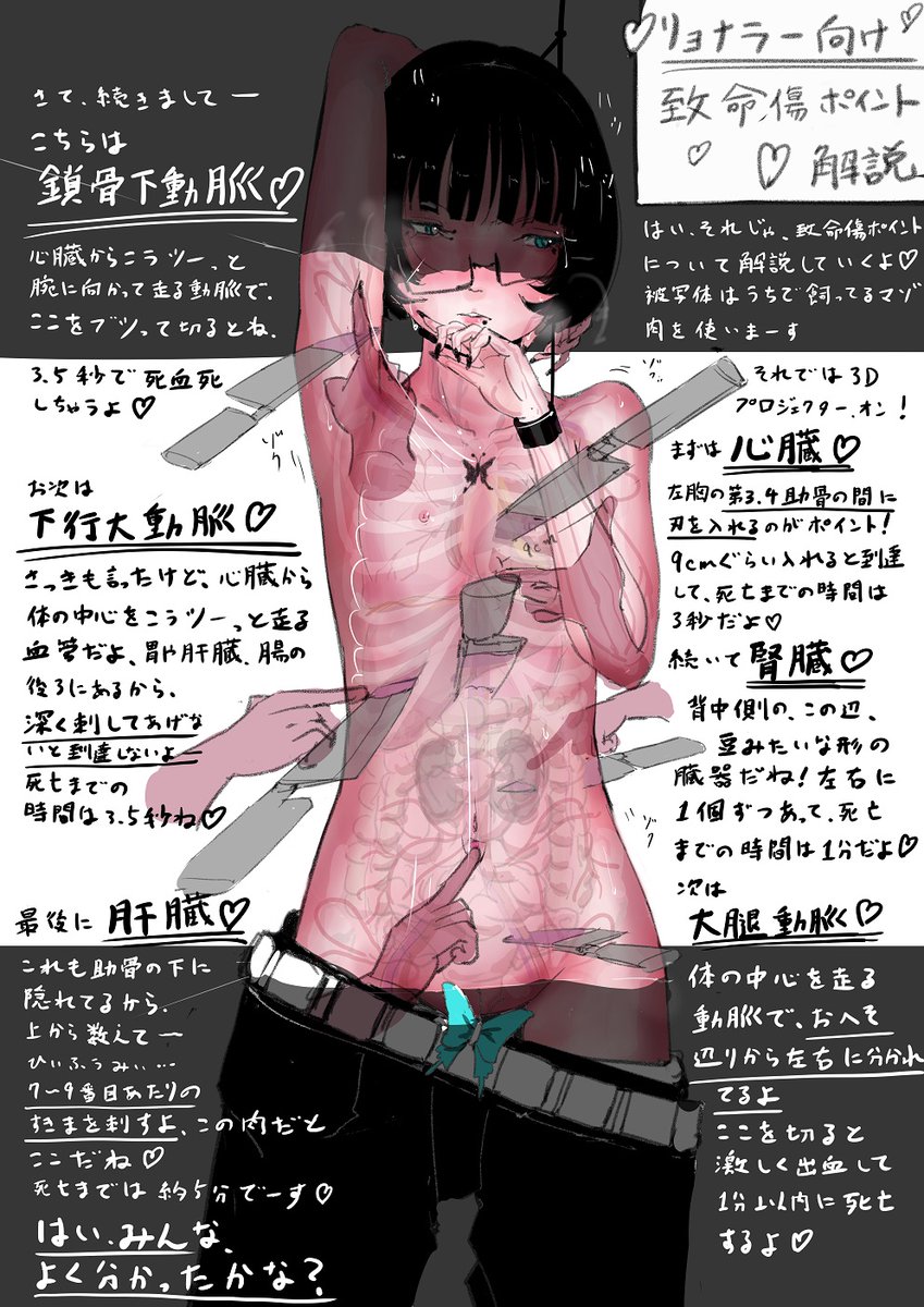 【💛リョナラー向け💛 致命傷ポイント解説】

雪見チャンネルをご覧のみんな、こんばんは～💛
今日は人体の致命傷ポイントを解説していくよ～💛 