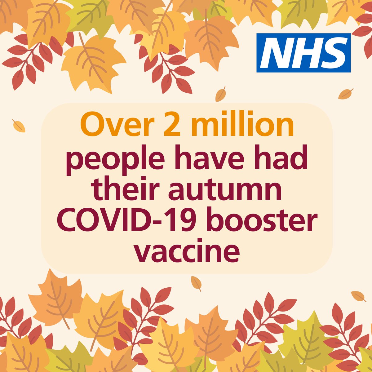 NHSEngland's tweet photo. Thanks to the hard work of NHS colleagues and volunteers, over two million eligible people in England have received their COVID-19 autumn booster vaccine!

With a record 3,100 sites offering appointments and over 200 walk-in sites, it’s simple and convenient to get protected. https://t.co/VetDUF3PX0