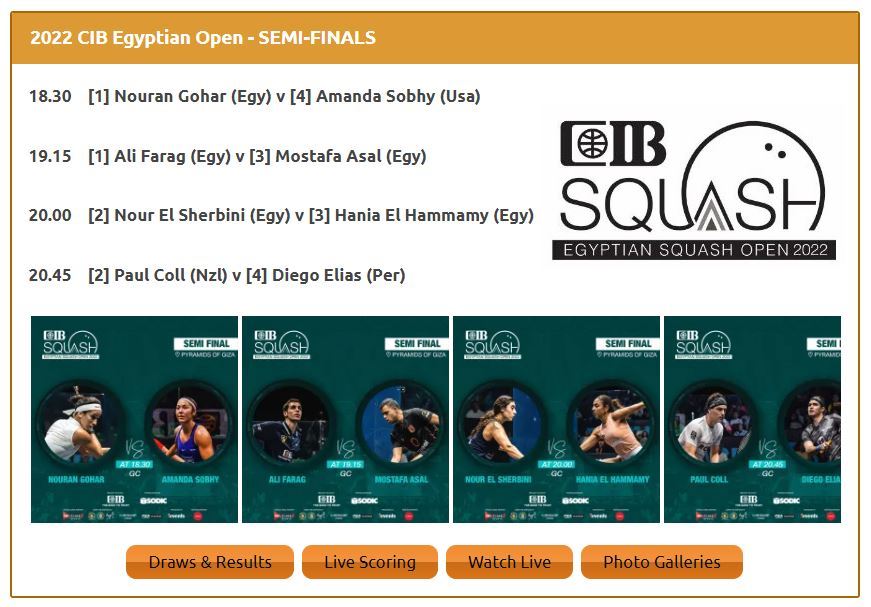 CIB Squash (@cibsquash) on Twitter photo It's Semi-Finals Day at the CIB Egyptian Open, featuring the top four seeds in both draws
Don't miss any of it :
cibegyptiansquashopen.net/2022-semis It's Semi-Finals Day at the CIB Egyptian Open, featuring the top four seeds in both draws
Don't miss any of it :
cibegyptiansquashopen.net/2022-semis