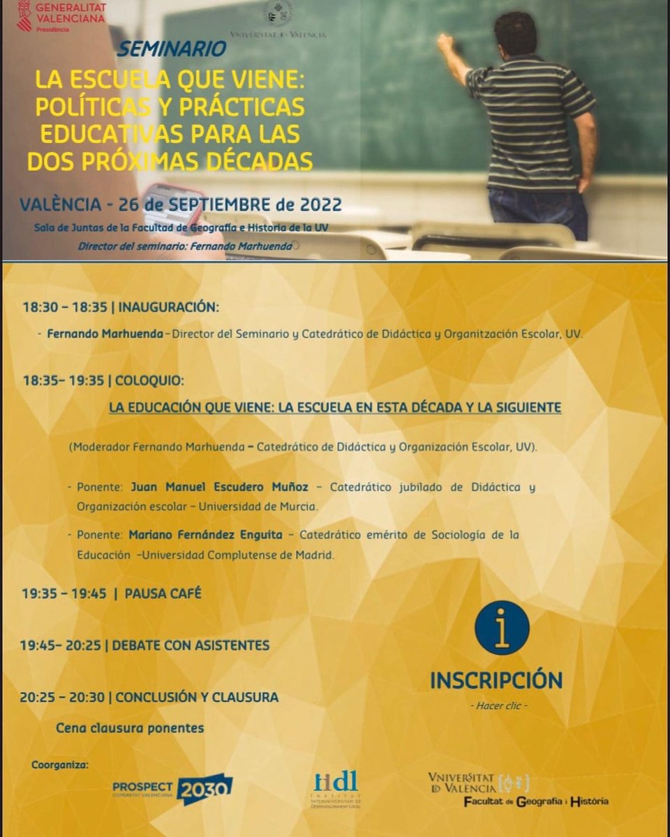 prospectcv2030's tweet photo. Dilluns 26 de setembre seminari “L’escola que ve: polítiques i pràctiques educatives per a les dues pròximes décades”

📌Inscripció: https://t.co/5ewMbOKY3x…

@iidlValencia @UVcatedres @generalitat https://t.co/ggScxCt0NP