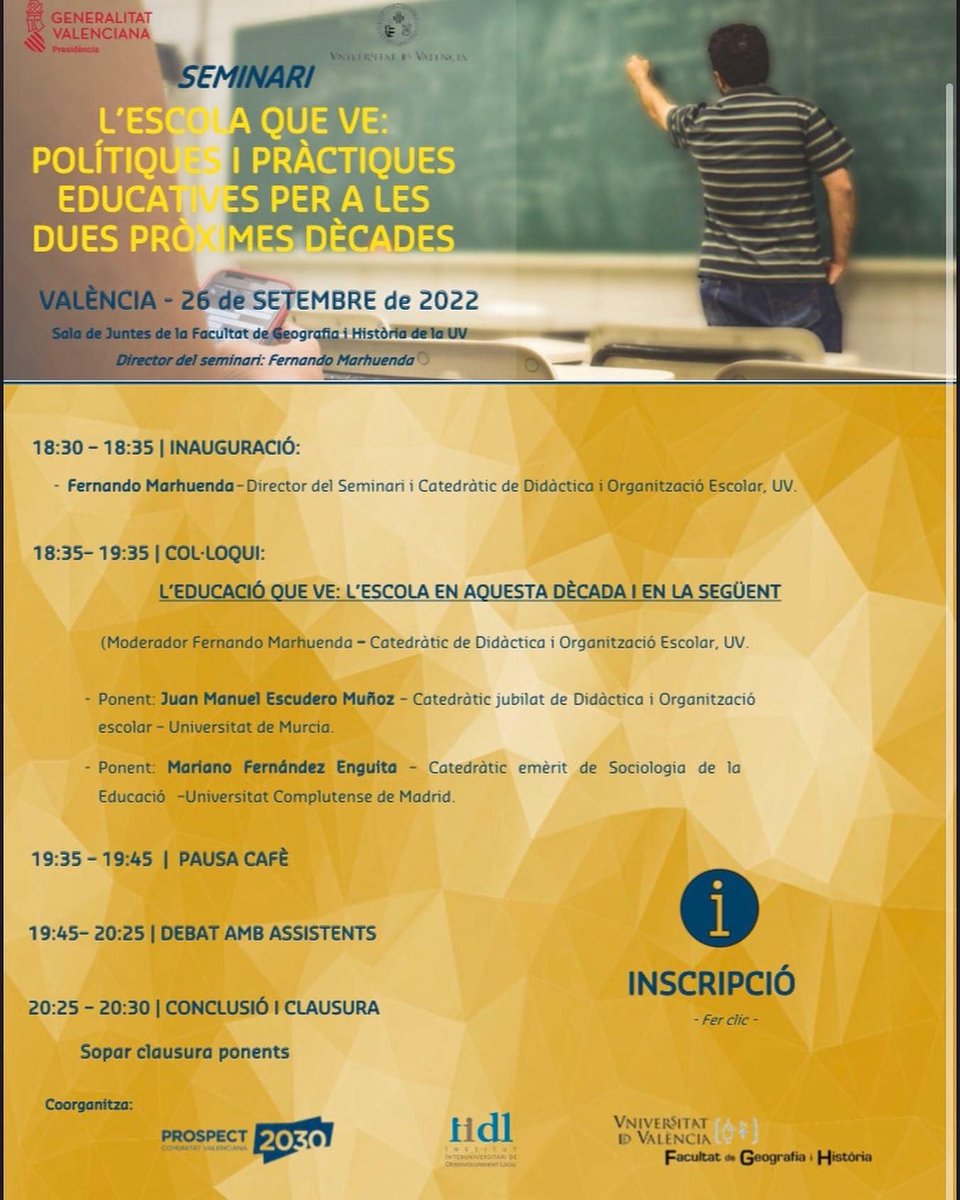 prospectcv2030's tweet photo. Dilluns 26 de setembre seminari “L’escola que ve: polítiques i pràctiques educatives per a les dues pròximes décades”

📌Inscripció: https://t.co/5ewMbOKY3x…

@iidlValencia @UVcatedres @generalitat https://t.co/ggScxCt0NP