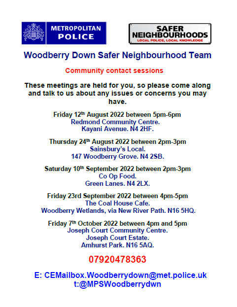 MPSWoodberryDwn's tweet photo. Good morning everyone I hope we are all well. Here are the teams forthcoming engagement dates for those that wish to attend and share any concerns linked to the Ward with their Local officers.
#HackneyPolice
#CommunityEngagement
#LocalPolicing
#SaferNeighbourhoods https://t.co/WCpiR8WL44