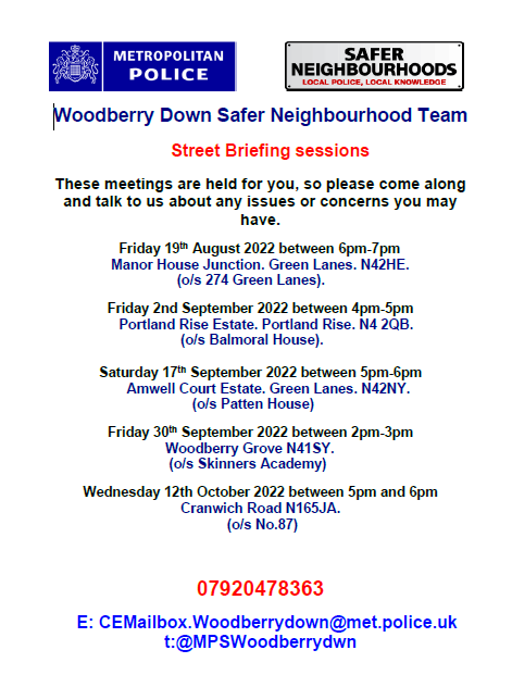 Good morning everyone I hope we are all well. Here are the teams forthcoming engagement dates for those that wish to attend and share any concerns linked to the Ward with their Local officers. #HackneyPolice #CommunityEngagement #LocalPolicing #SaferNeighbourhoods