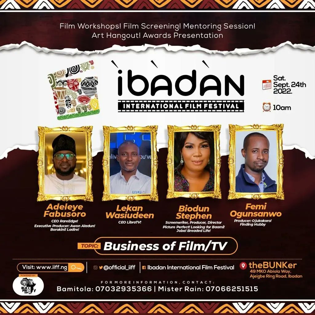 Day 3! The Final Day! Do not miss the Business of Filmmaking session with @BiodunStephenO @leyefab2000 @FemiOgunsanw0 @libratvee Session begins by 1pm! No African time. #IbadanInternationalFilmFestival #iiff #ibadan