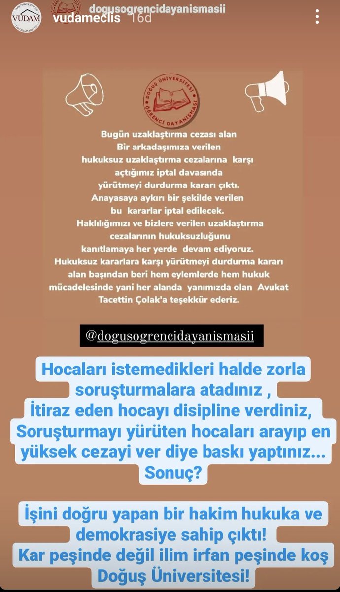 Öğrenci akademisyen birlikte güçlü
Hocamıza açılan hukuksuz disiplin soruşturması geri çekilsin 
<a href="/vudameclis/">Vakıf Üniversiteleri Dayanışma Meclisi</a>