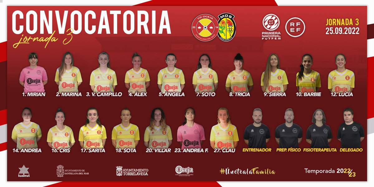 👥 𝗖𝗼𝗻𝘃𝗼𝗰𝗮𝘁𝗼𝗿𝗶𝗮

✅ Lista de convocadas para el partido de mañana en el que recibiremos al @udmosfem en la jornada 3 de Primera Nacional (12:00 horas).

⚽️ #OcejaMos 
💛 #ÚneteALaFamilia
🦬 #NosTocaANosotras