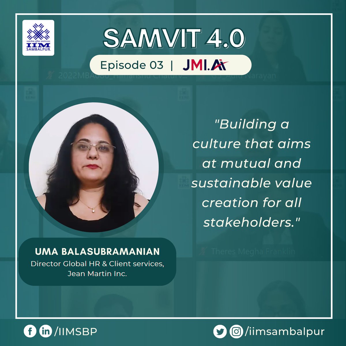 iim_sambalpur's tweet photo. IIM Sambalpur was privileged to host Mr. Kaustav Mukherjee, AVP (Financial Solutions Practice Division), and Ms. Uma Balasubramanian, HR Director, Global Client servicing (Jean Martin Inc.), on 22nd September 2022 for an insightful session at Samvit 4.0
#IIMSambalpur #Samvit2022 https://t.co/6fedqPm9do