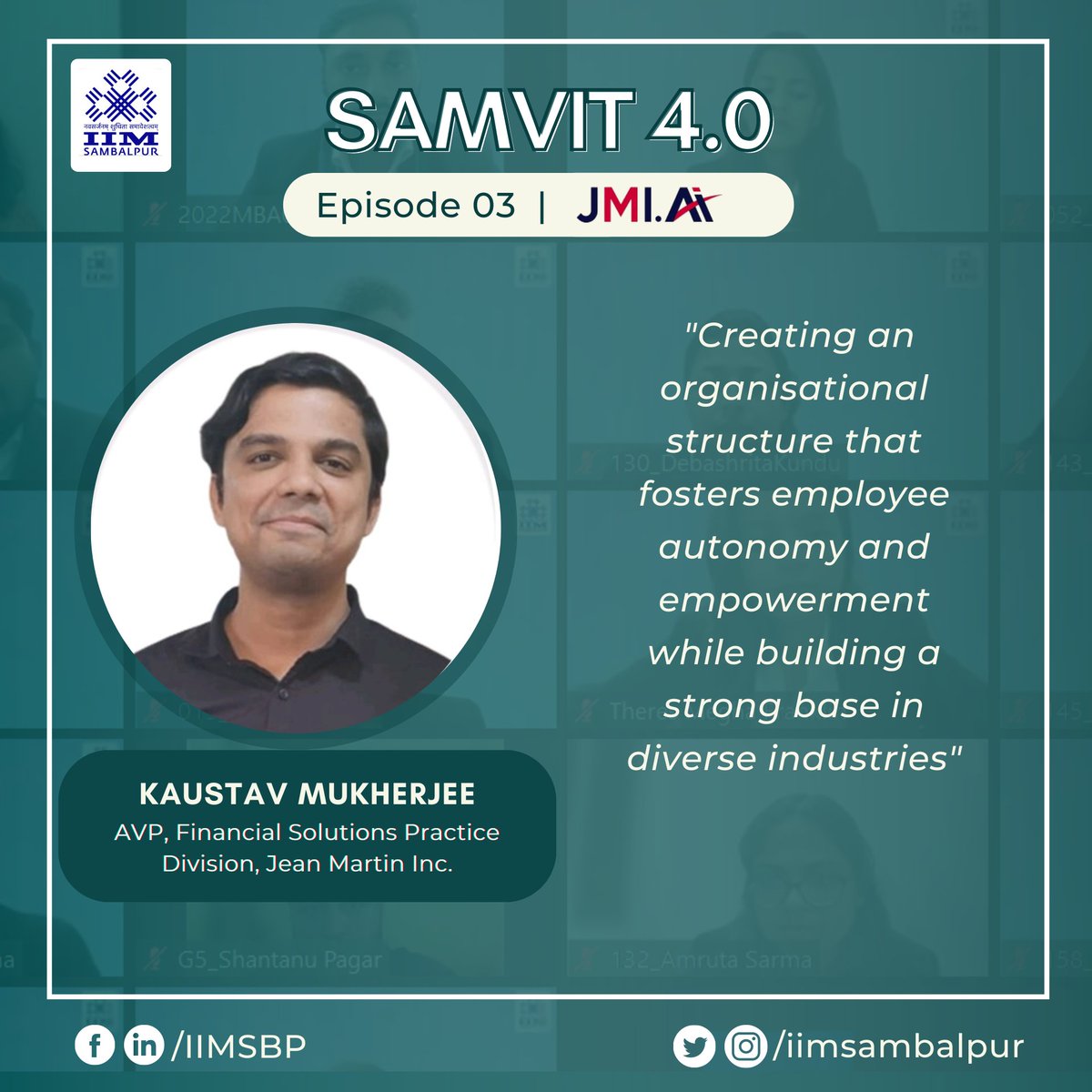 iim_sambalpur's tweet photo. IIM Sambalpur was privileged to host Mr. Kaustav Mukherjee, AVP (Financial Solutions Practice Division), and Ms. Uma Balasubramanian, HR Director, Global Client servicing (Jean Martin Inc.), on 22nd September 2022 for an insightful session at Samvit 4.0
#IIMSambalpur #Samvit2022 https://t.co/6fedqPm9do