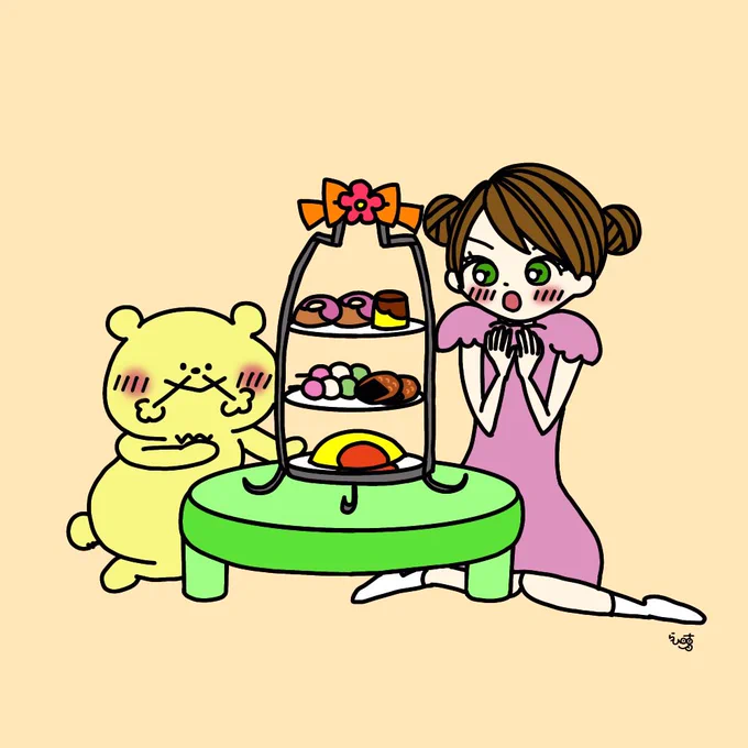ぼくの大すきな食べ物だけを集めた夢のアフタヌーンティーだよ!召し上がれ〜!#イラスト#ゆるいイラスト#アフタヌーンティー 