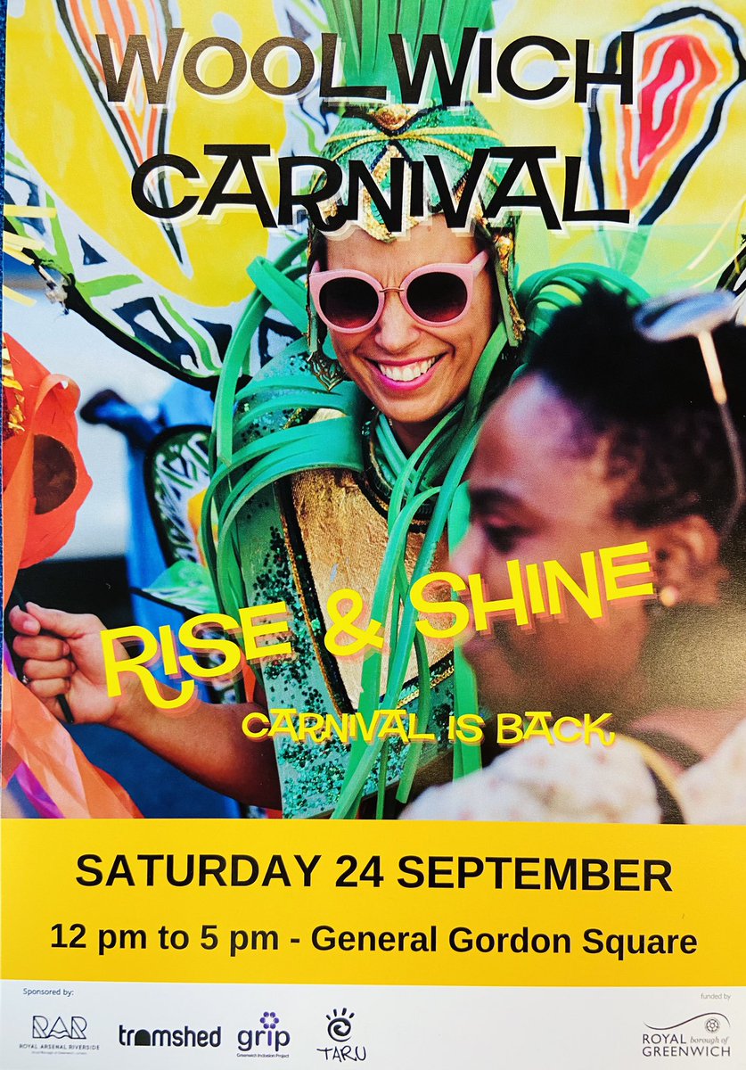 MyWoolwich's tweet photo. The annual #WoolwichCarnival is today (Sat 24th Sept)! In and around #GeneralGordonSquare and the #RoyalArsenal.
Fun and free events! 12 noon - 5pm #Woolwich #WoolwichArsenal
@WoolwichCarniv1 @Royal_Greenwich @Tramshed__ #Crossrail #ElizabethLine https://t.co/15XIHmIWa0