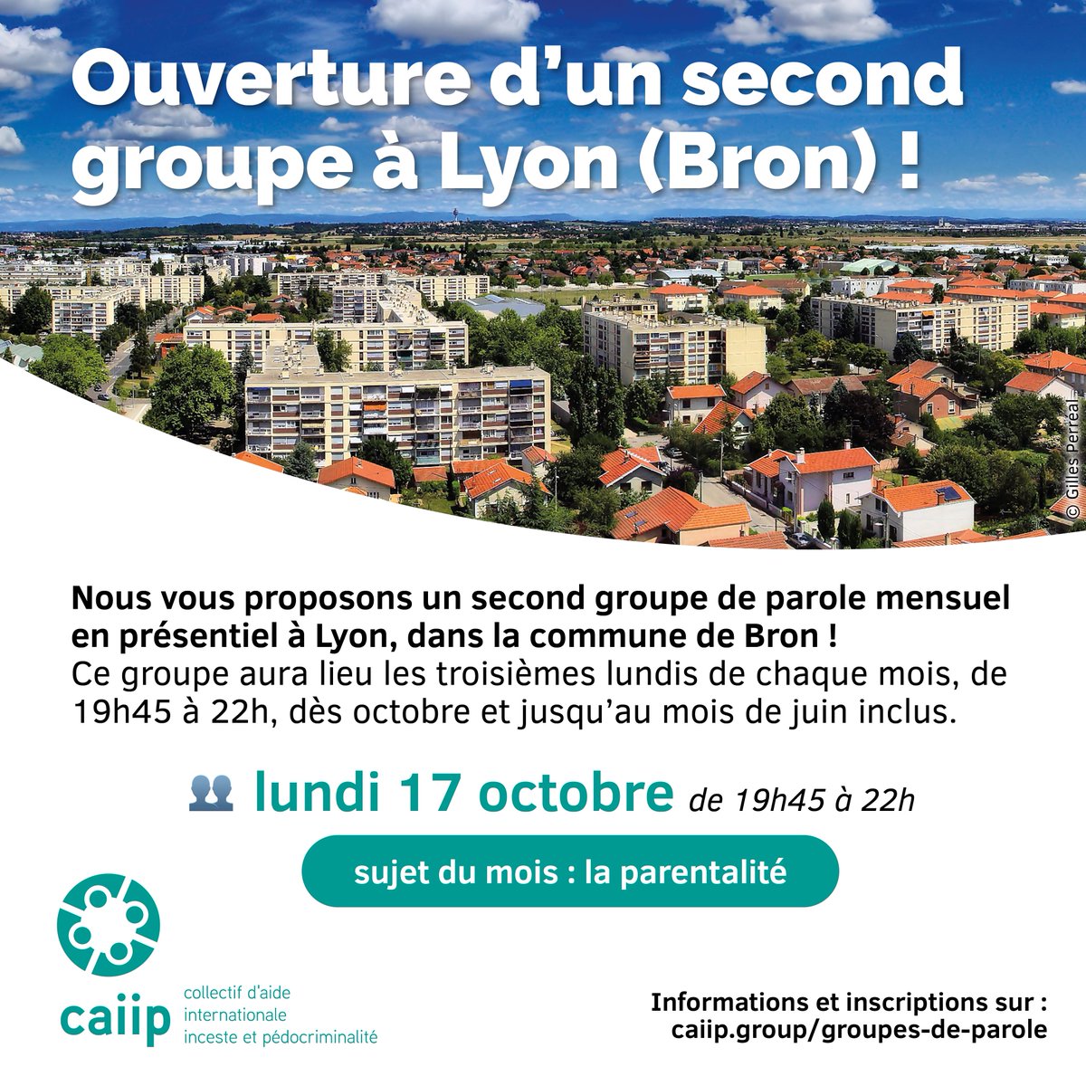 CaiipOrg's tweet image. Le Caiip est très heureux de vous annoncer l'ouverture d’un second groupe en présentiel à Lyon, dans la commune de Bron ! Renseignements et inscriptions sur caiip.group/groupes-de-par…

#groupedeparole #inceste #metooinceste #lyon #groupedeparolelyon #villedebron #groupedeparolebron
