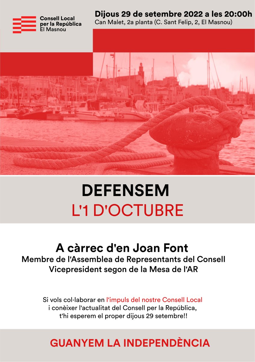👉🏼 El proper  29 setembre a les 20h gaudirem d'una trobada amb en <a href="/Joan_Font_/">Joan 🏴󠁧󠁢󠁥󠁮󠁧󠁿</a> , vicepresident segon de la Mesa de l'Assemblea de Representants.
🗓️ Us ho perdreu? 
#defensem1O #guanyemlaindependència
<a href="/CLxR_Alella/">Consell Local per la Republica-Alella</a> <a href="/ConsellxRep/">COMPTE ANTIC Consell de la República Catalana</a>