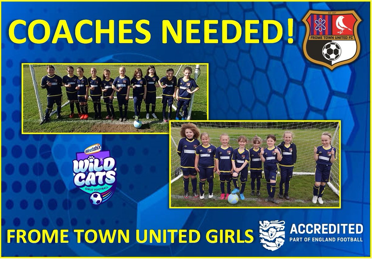 FromeTownUnited's tweet photo. FTU's Girls section is growing fast! We've taken on over 20 players recently and are looking for coaches to join our U9 and U11 teams. FTU will work with volunteers to help train and develop your coaching skills. If you are interested, please contact benjamin_bolland@hotmail.com https://t.co/zeD4VUuUkp