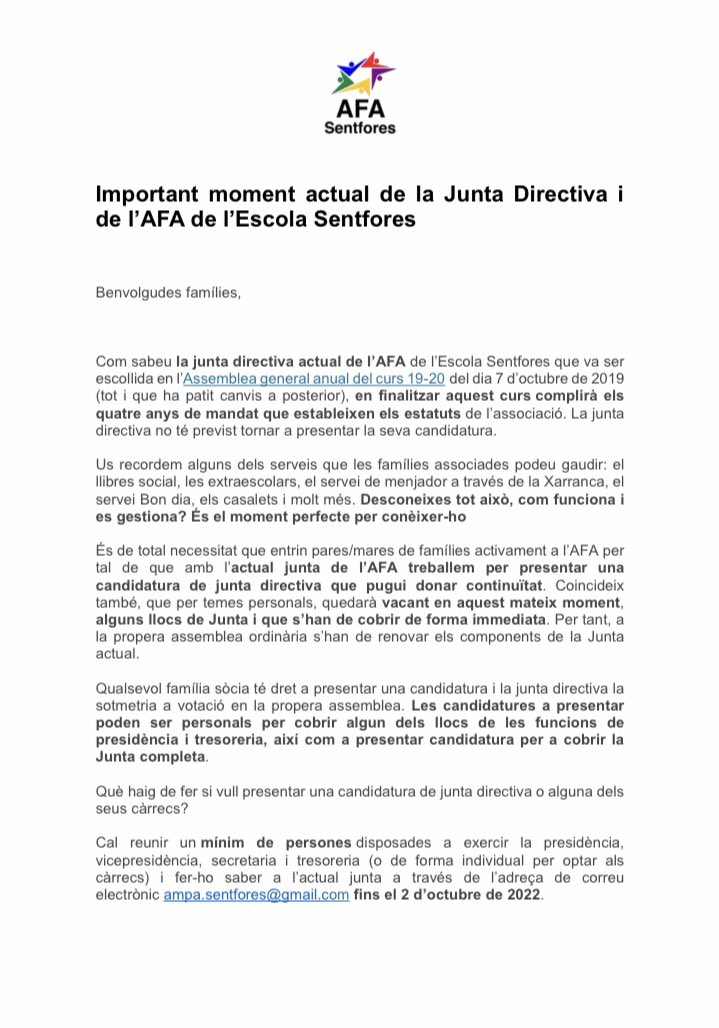 AMPASentfores's tweet photo. Convocada Assemblea General Ordinària per dilluns 3 d'octubre a les 21 h a la Biblioteca de l'escola. El format serà 100% presencial. Veure info adjunta. 

En acabar hi haurà refrigeri per a tothom amb col·laboració de La Xarranca. 

Us hi esperem a tots! https://t.co/c4f4NNX8yJ