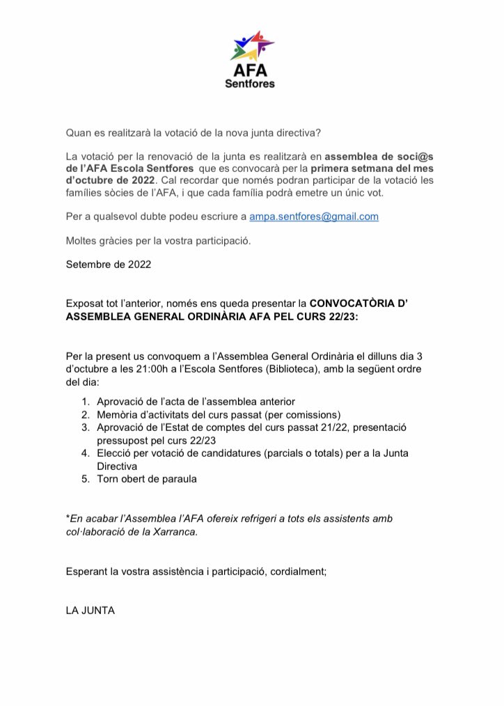 AMPASentfores's tweet photo. Convocada Assemblea General Ordinària per dilluns 3 d'octubre a les 21 h a la Biblioteca de l'escola. El format serà 100% presencial. Veure info adjunta. 

En acabar hi haurà refrigeri per a tothom amb col·laboració de La Xarranca. 

Us hi esperem a tots! https://t.co/c4f4NNX8yJ