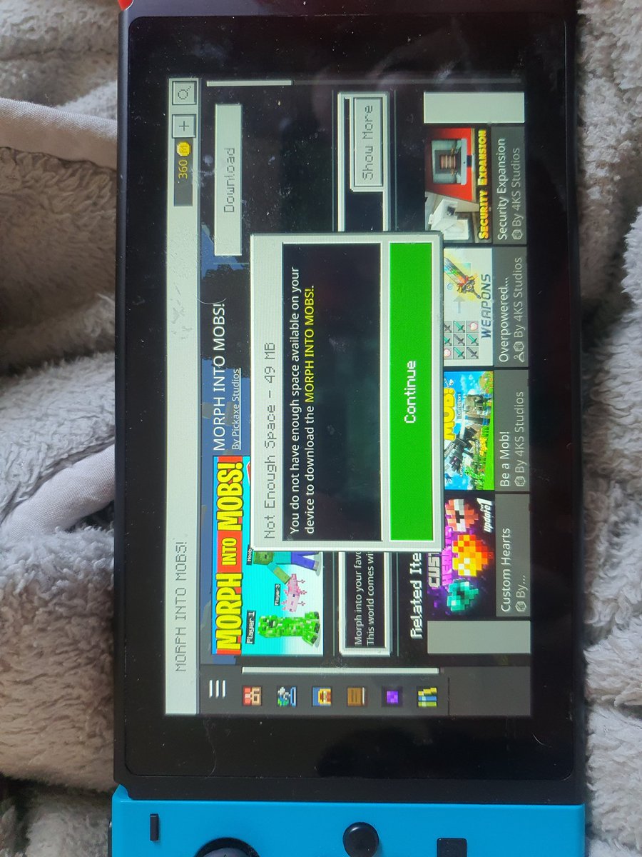 LogansMummyMeg's tweet photo. @NintendoUK @MojangSupport Please help! I have a very frustrated 7year old. He has loads of room on his switch but every download says this? I've been through the help online and noone has been able to help! Can anyone offer any further advice? He's lost so many coins now. https://t.co/CU7ZGYXLx1